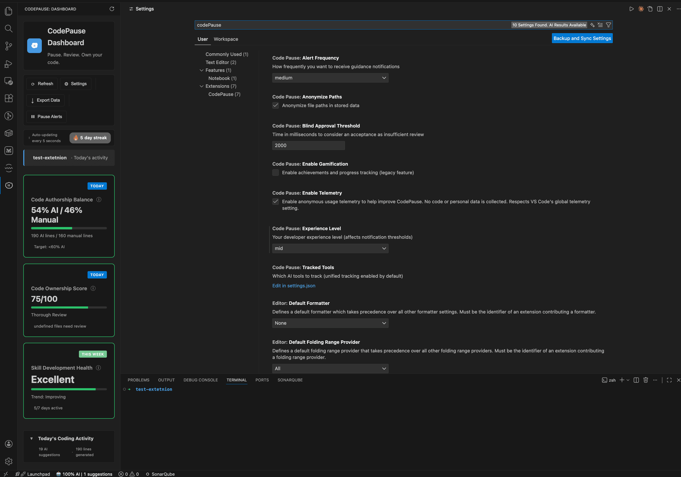 CodePause integrated in VS Code